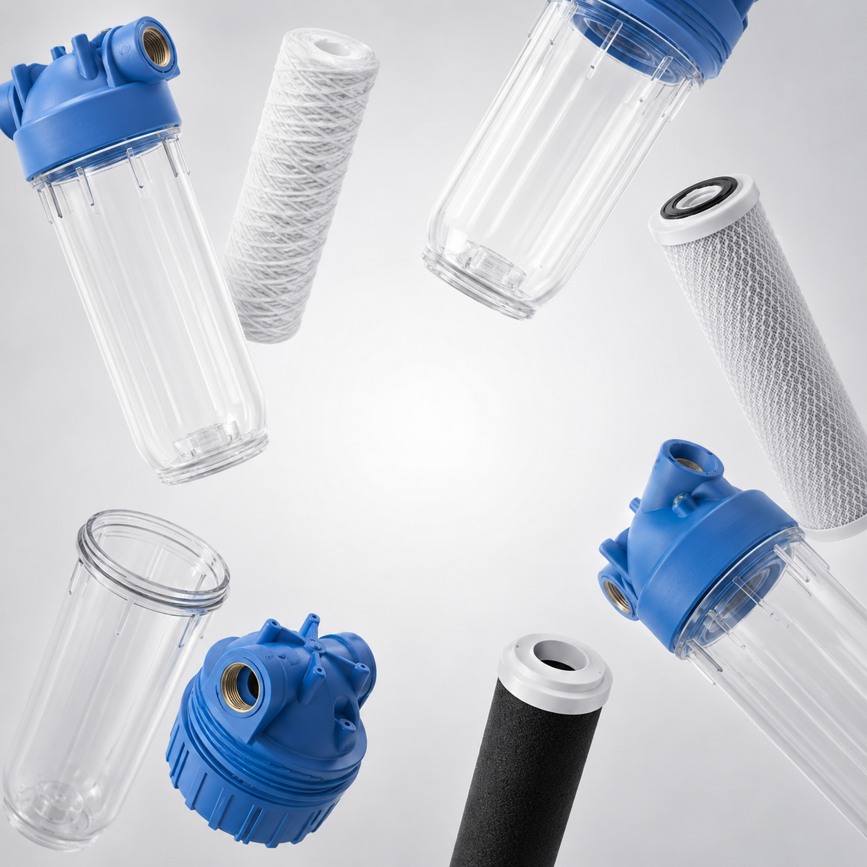 Filters and water softeners with filter housings and filter cartridges for water treatment