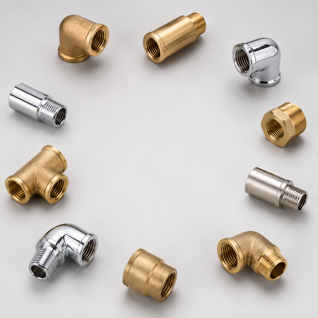 Brass threaded fittings in chrome-plated, nickel-plated and natural brass finishes for plumbing and sanitary installations