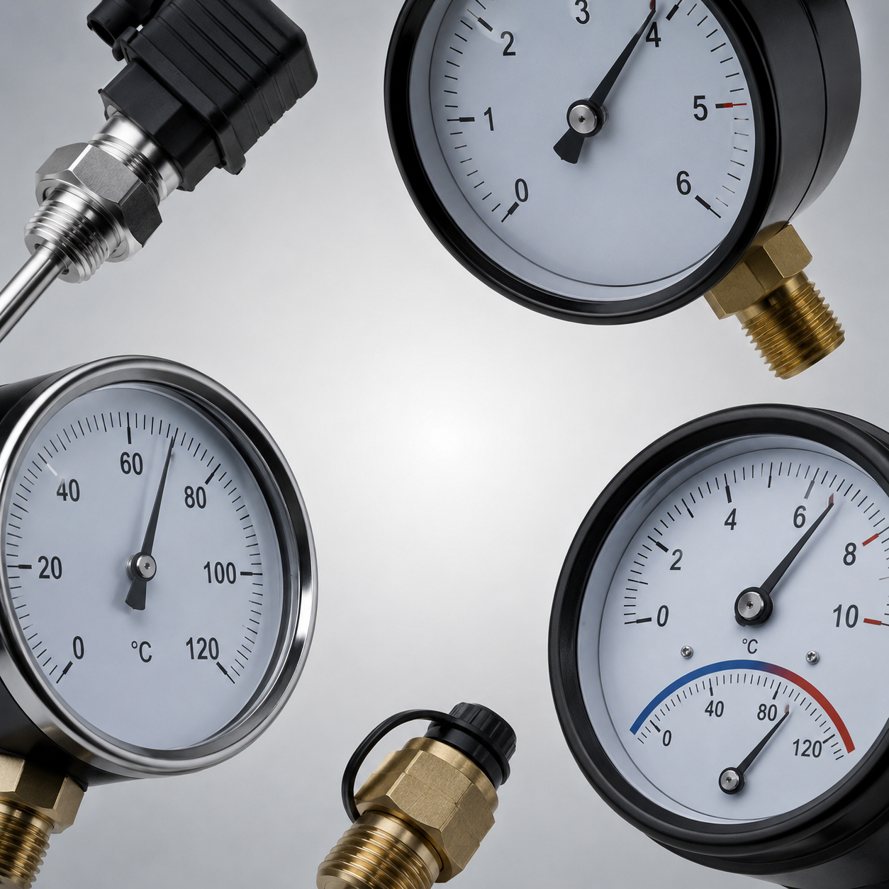 Measuring elements for heating, pressure gauges, thermometers and measuring connections for system monitoring