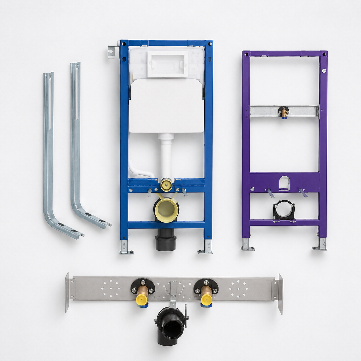 Concealed cisterns, mounting elements, flush plates and connection elements for WC installations