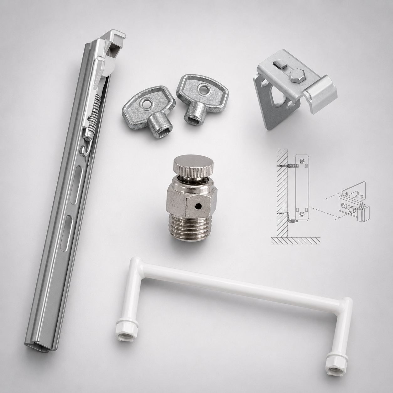 Radiator accessories – air vent keys, air vent valve, bracket, mounting rail and connection pipe.