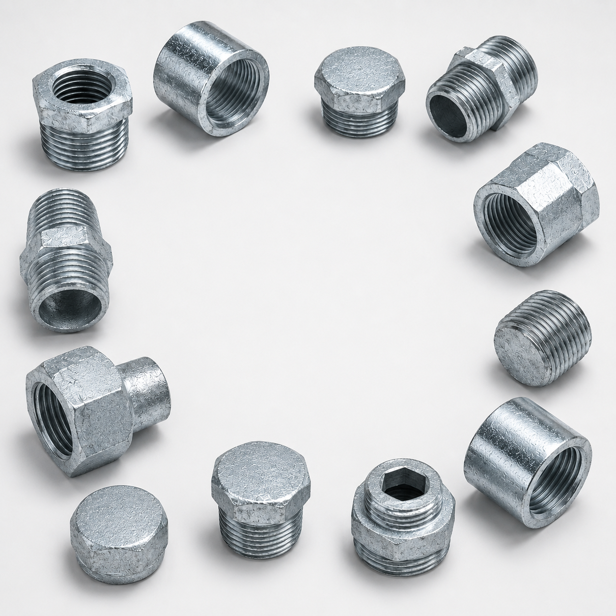 Metal threaded fittings and connection materials, galvanised extensions, reducer fittings and elements for plumbing installations. metal-threaded-fittings