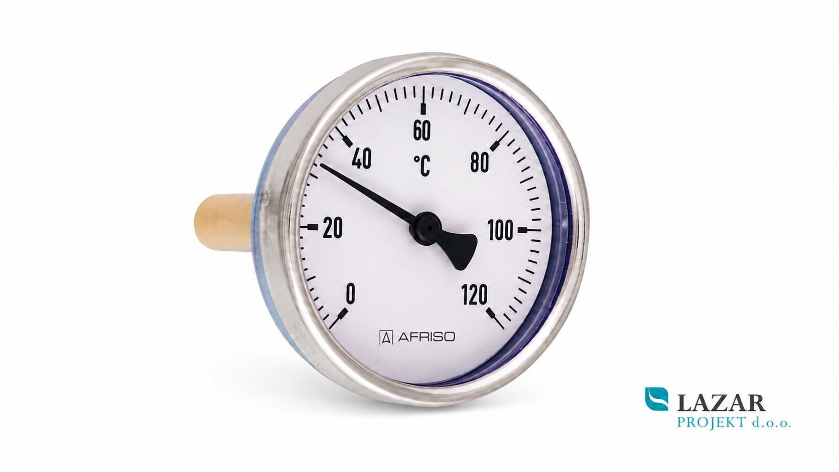 Afriso 63806 bimetalni termometer Ø 80 mm z aksialnim priključkom 1/2", merilnim območjem 0–120 °C in tipalom 40 mm.
