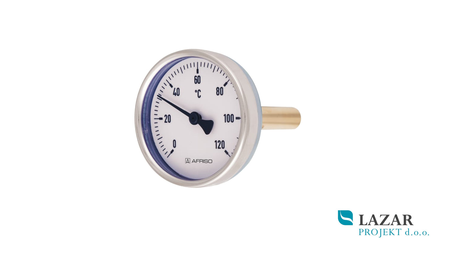 Afriso 63809 bimetalni termometer Ø 80 mm z aksialnim priključkom G 1/2", merilnim območjem 0–120 °C in tipalom 150 mm.