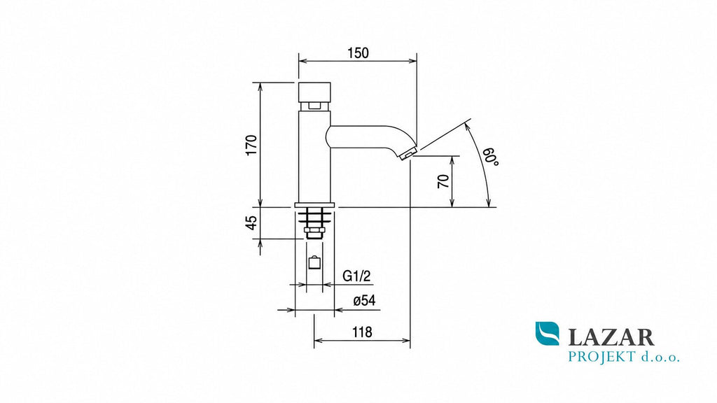 Dimensional drawing of La Torre 12215 washbasin tap