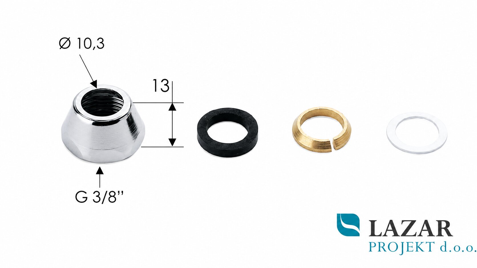 Remer 117RA kromirana priključna matica G 3/8″ za cev Ø 10 mm s tremi tesnilnimi in pritrdilnimi elementi