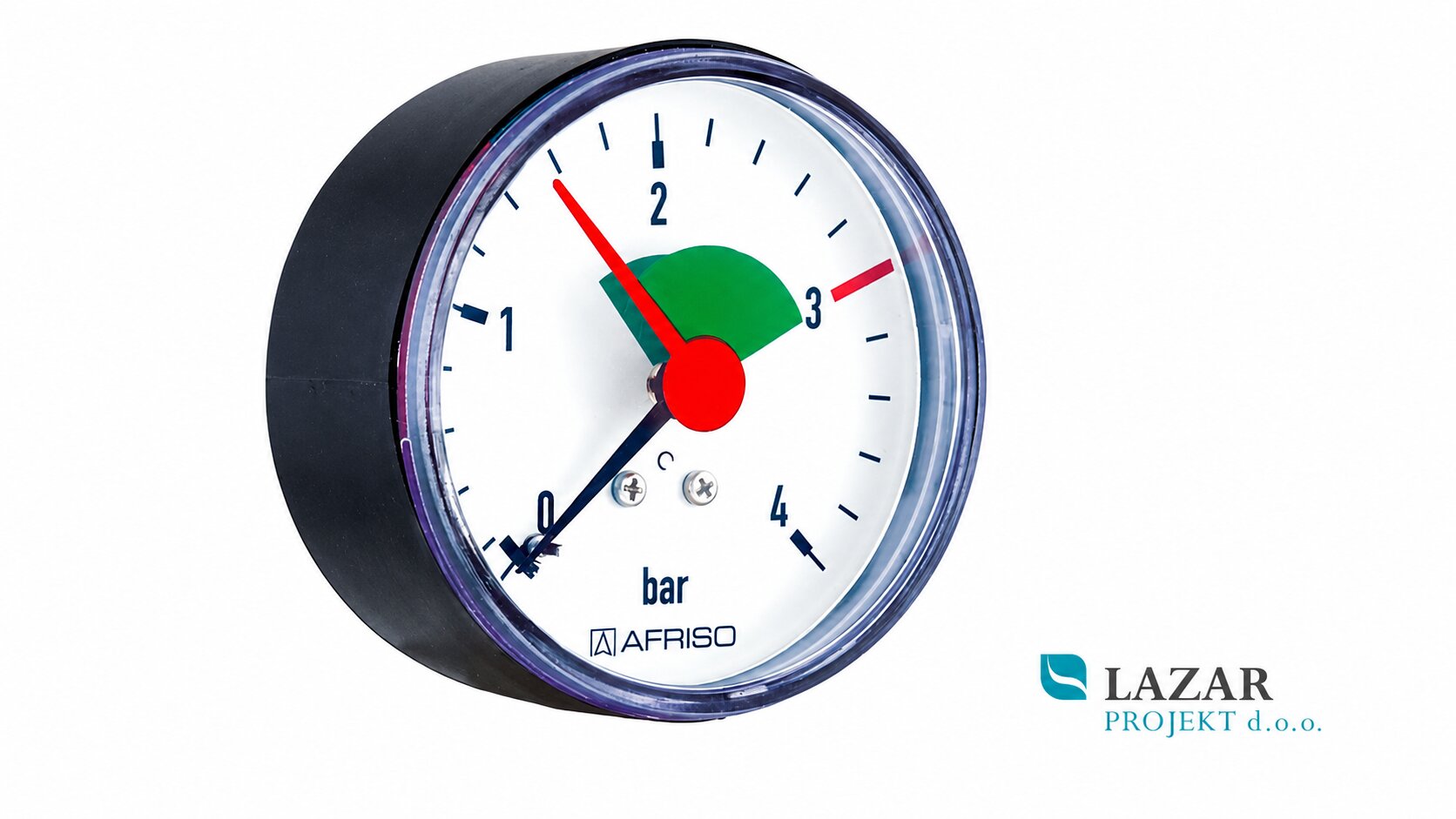 Afriso 63915 manometer Ø 63 mm z aksialnim priključkom G 1/4", merilnim območjem 0–4 bar in barvno označenim območjem tlaka.