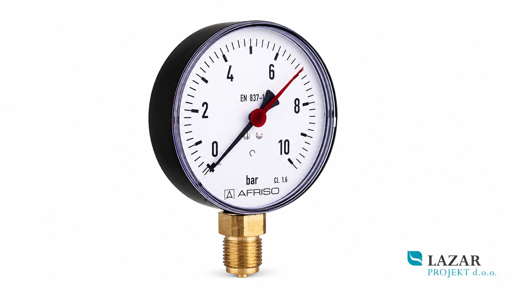 Afriso 85210201 manometer Ø 100 mm z radialnim priključkom G 1/2", merilnim območjem 0–1 bar in belo številčnico.