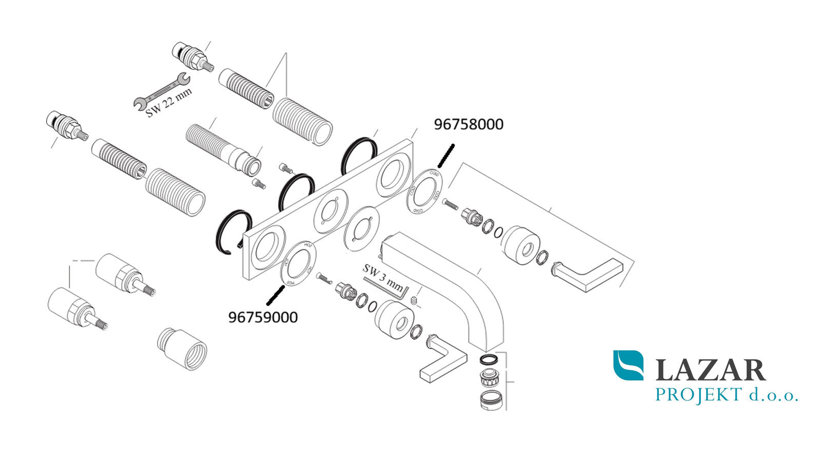 AXOR Citterio rozeti ročice armature 96758000 za hladno in 96759000 za toplo vodo – shema