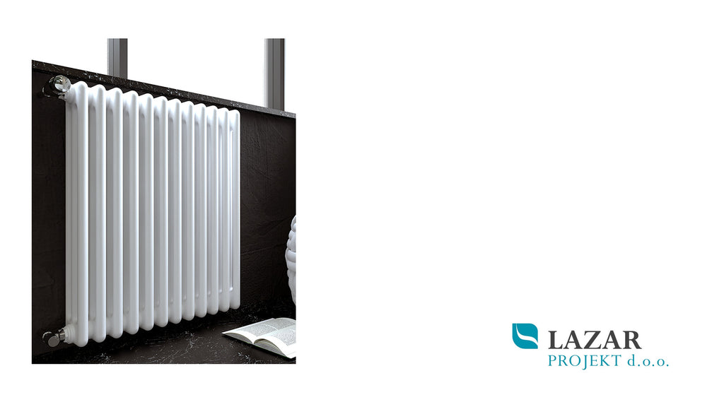 ERCOS COMBY beli jekleni členasti radiator v sodobnem dnevnem prostoru