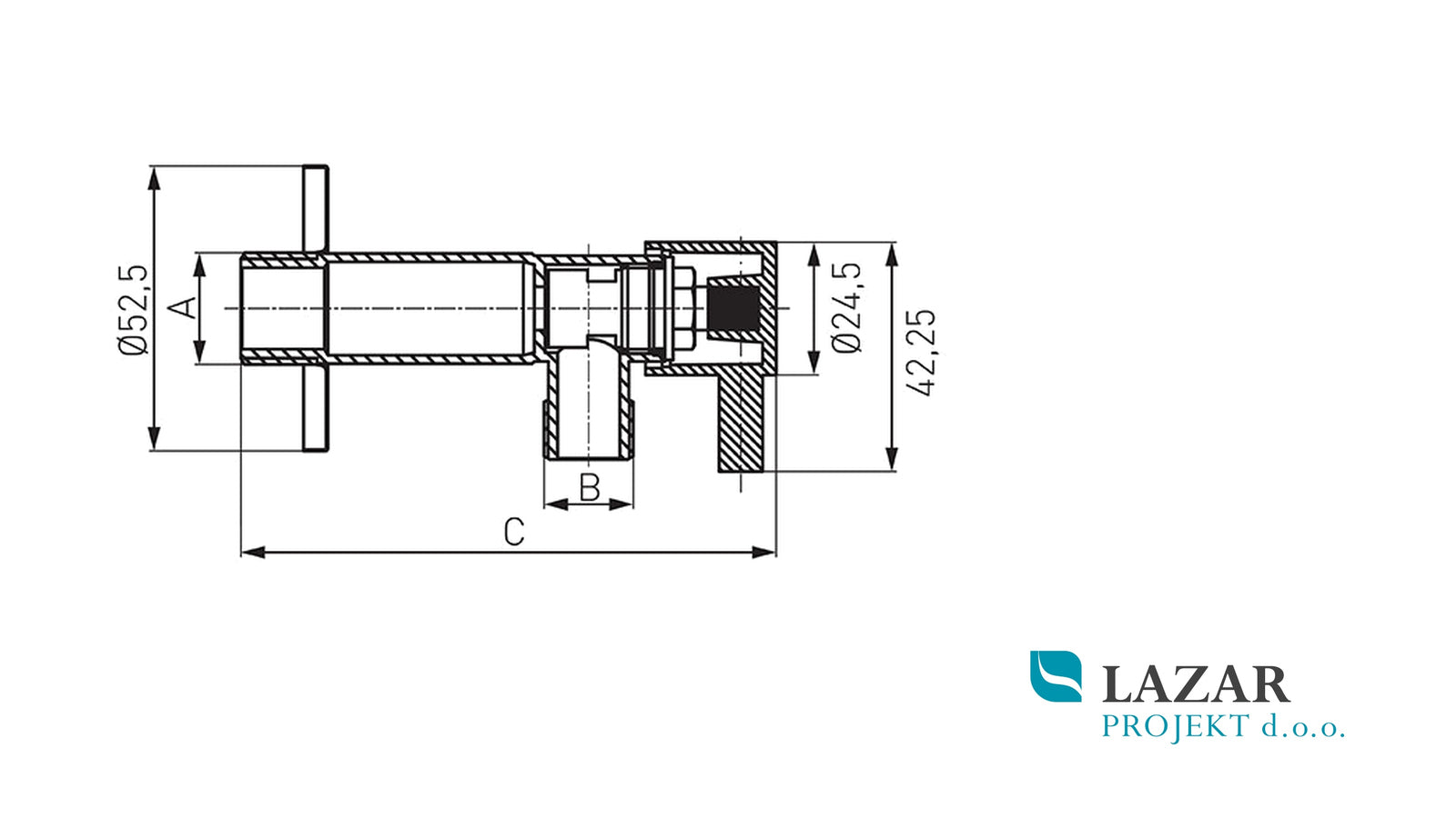 Dimenzijska skica kotnega ventila FERRO Z1234C G 1/2″ × G 3/4″, dolžine približno 98 mm