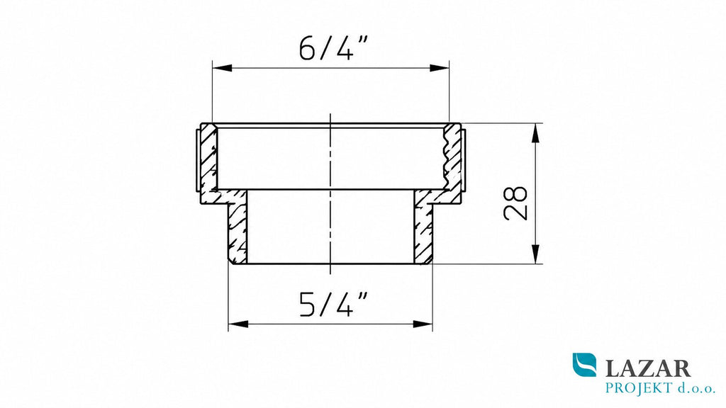 Tehnična risba HL12.1 navojnega obroča 5/4" na 6/4", višina 28 mm