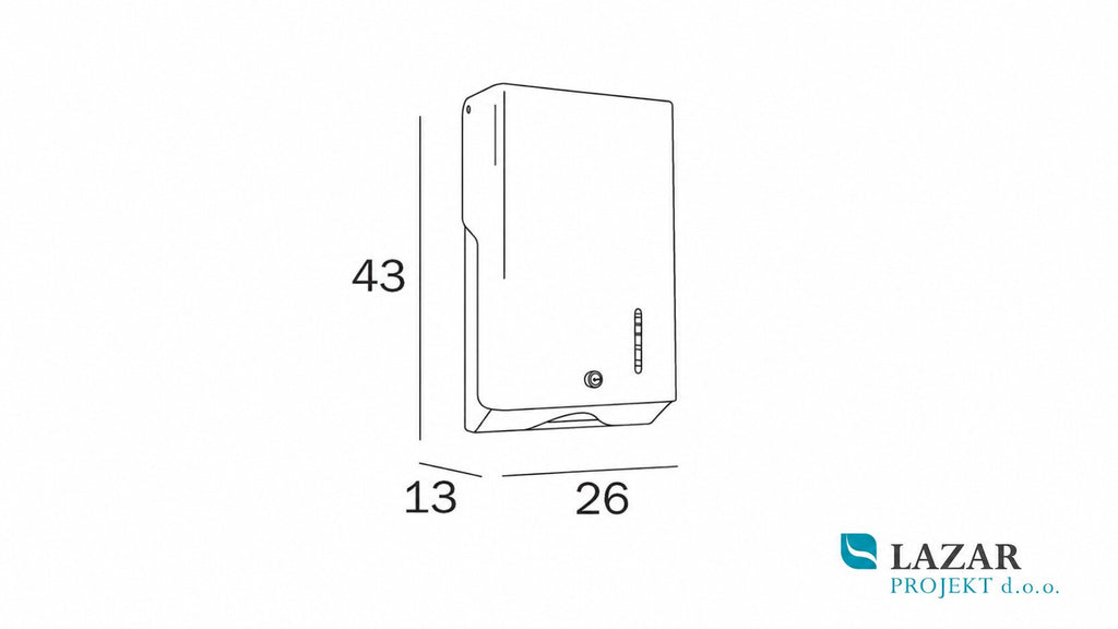 Dimenzijska skica podajalnika toaletnih brisač INDA AV4290AL, dimenzije 43 × 26 × 13 cm