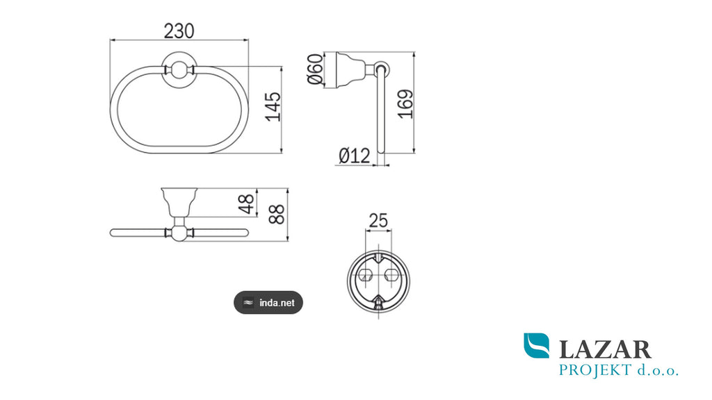 Dimenzije obešala Inda Raffaella A32160: širina 230 mm, višina 169 mm in globina 88 mm