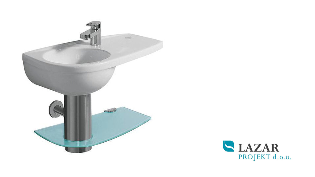 Keramag Joly 571020 desna steklena polica za umivalnik, dimenzije 500 × 285 mm, s kromiranimi pritrdilnimi elementi, brez maske sifona , umivalnika in armature.