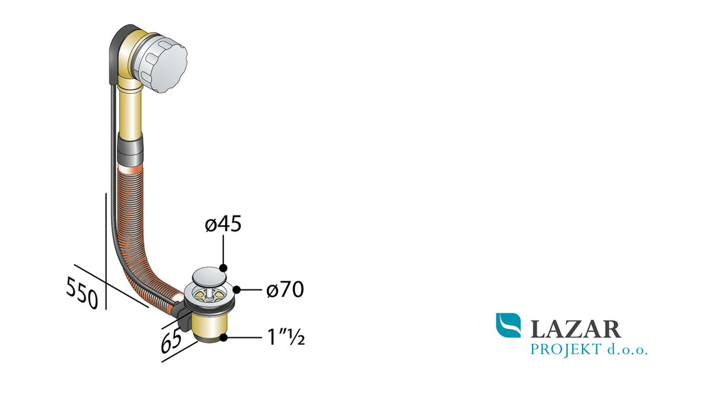Dimenzijska skica odtočno-prelivne garniture OMP TEA 399.360.6 z merami 550 mm, Ø45 mm, Ø70 mm in priključkom 1 1/2 "