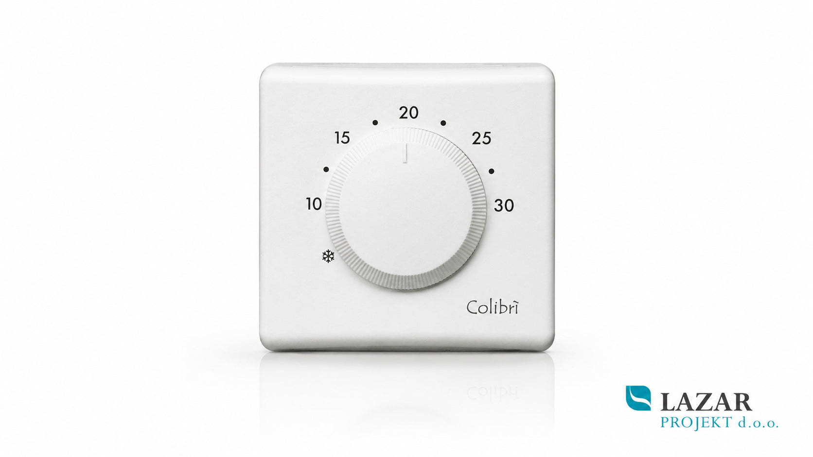 Sobni termostat T&G Colibrì 65C-01331-00A z nastavitvenim gumbom in temperaturno skalo od 10 do 30 °C