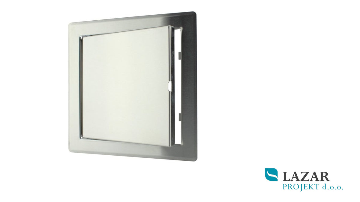Vafra nerjaveča ventilna vratca 150 × 150 mm z okvirjem za vgradnjo v steno.