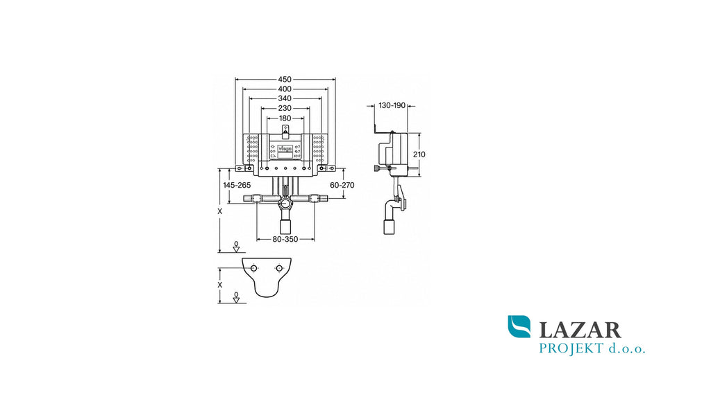 Viega 421168 Mono installation element for bidet 8317, dimensional drawing with measurements for wall-hung bidet installation